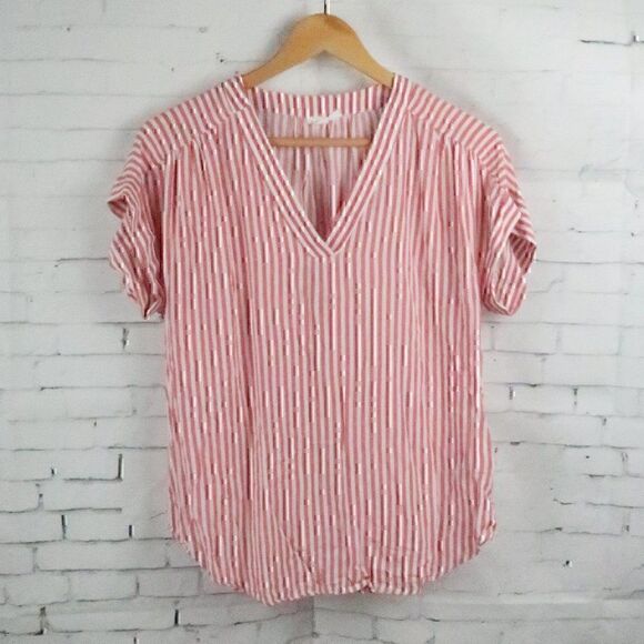 GAP ROSE PINK & WHITE STRIPE SHORT SLEEVE V NECK TOP SIZE SMALL - Picture 1 of 10